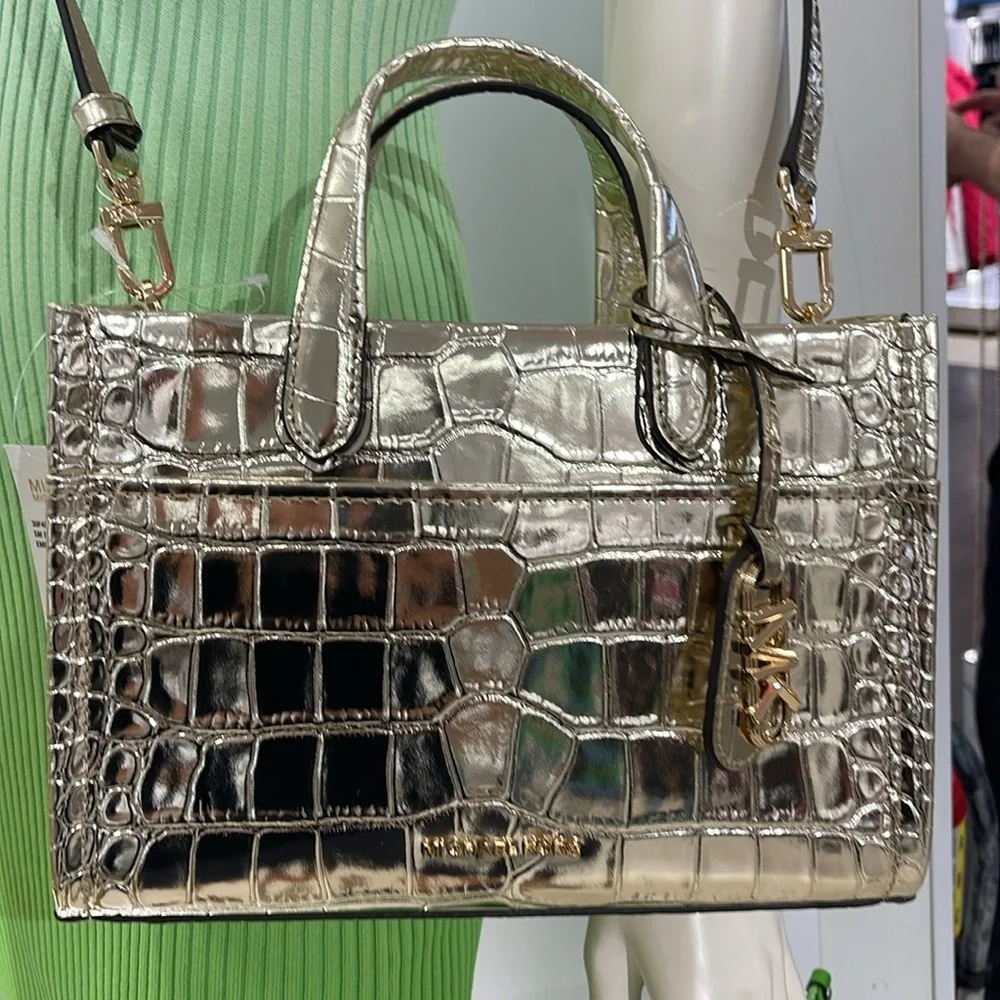 Michael Kors Gigi Small Metallic Crocodile Embossed Leather Messenger Pale Gold